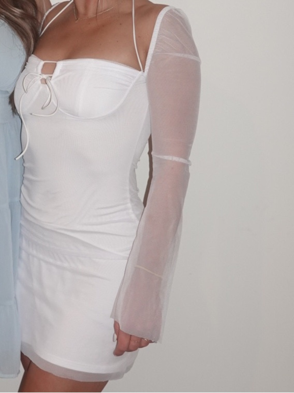 White Mesh-Sleeve Mini Dress with Sweetheart Neckline